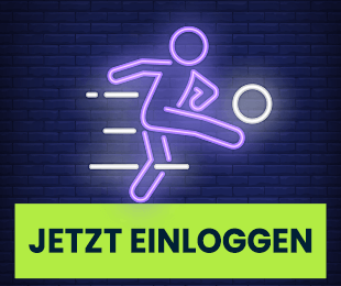 Neon Grafik eines Fußballspielers mit Ball und Login Button
